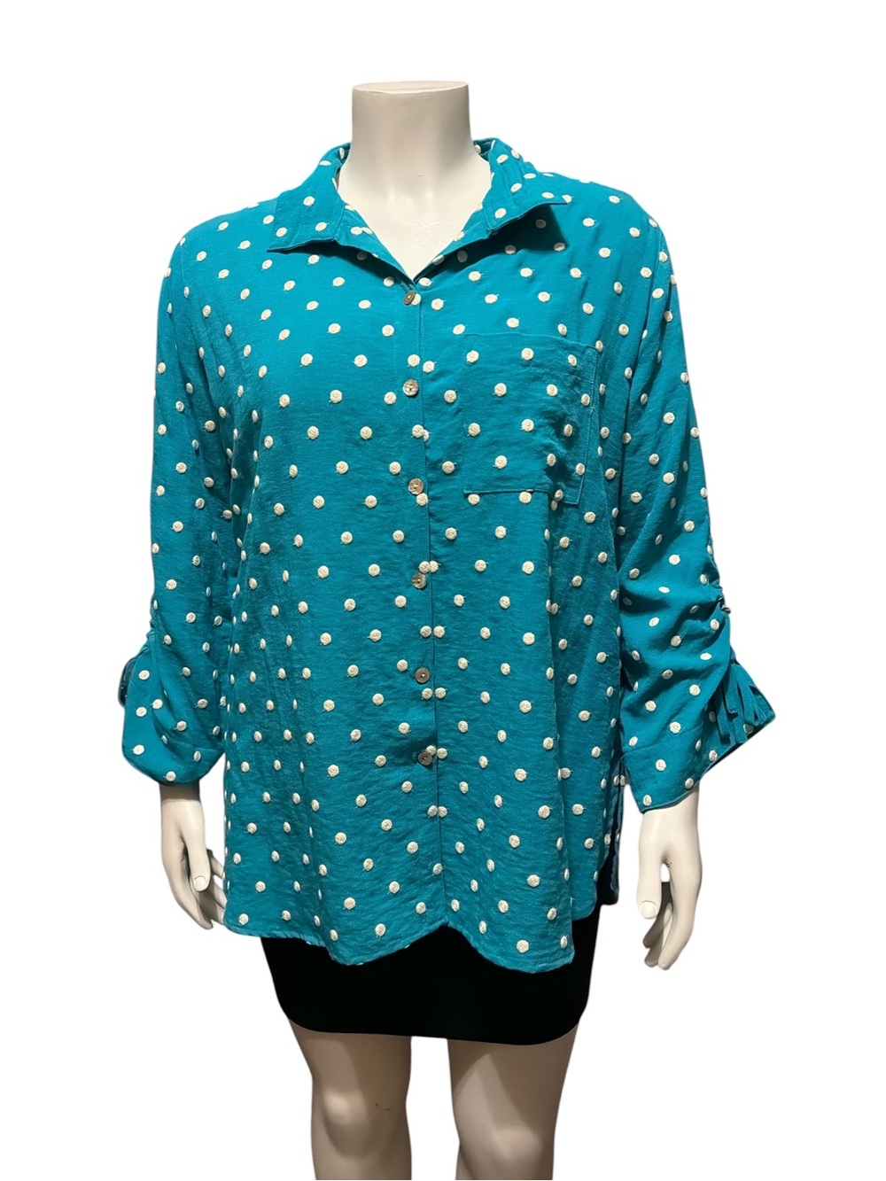 John Mark 1X Teal Peacock Polka Dot Button Down Blouse Tie Cuff Pocket Rayon